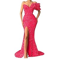 Sequin Mermaid Prom Dresses for Women 2024 One Shoulder Sparkly Evening Dress with Slit Long Formal Wedding Party Gown