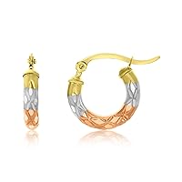14K Yellow or Tricolor Gold Rhombus Engraved Diamond Cut Hoop Earrings For Women, 3mm Tube 20mm-40mm Diameter