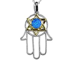 Solid 10k Two Tone Gold Large Hamsa Hand Jewish Star of David Pendant Necklace