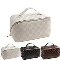 Large Capacity Checkered Makeup Bags Portable Travel Cosmetic Bags Open-Flat Toiletry Waterproof Bag for Women Gift Make up Organizer with Divider and Handle Pouch Zipper Bag (white-checkered)
