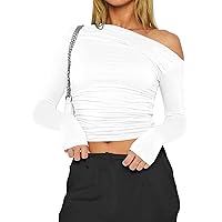 Lauweion Women's One Side Off Shoulder Ruched Tops Long Sleeve Skinny Asymmetrical Neck Crop Tops