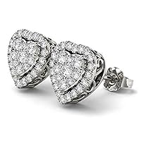 1.00 Ct Round Cut D/VVS1 Diamond Heart Shape Halo Stud Earrings 925 Sterling Silver
