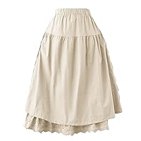 Womens A-Line Long Skirts Elastic Waist Layered Skirts Cotton Linen Embroidered Lace Up Skirt Stylish Solid Midi Skirt