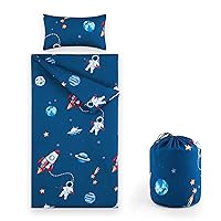 Wake In Cloud - Sleeping Bag Zippered, Nap Mat with Matching Pillow for Kids Boys Girls Sleepover Overnight Travel Slumber Bag, Rockets Space Planet Astronauts on Navy Blue, 100% Soft Microfiber