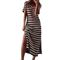 Black Dresses for Women Formal,Womens Summer Stripe Maxi Dress Short Sleeve V Neck Casual Loose Long Beach Spli