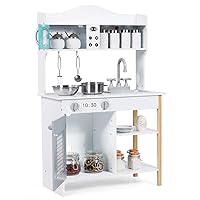 ARLIME Kids Kitchen Playset, Wooden Toy Toddler Kitchen w/ Simulated Sound, Accessory Utensils, Blackboard, Sink, Stovetop, Cabinets, Pretend Play Kitchen for Boys Girls