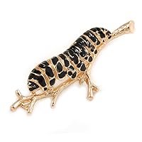 Quirky Black Enamel 'Caterpillar on The Branch' Brooch in Gold Tone - 48mm Across