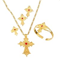 Ethiopian Stone Color Cross Jewelry Set Gold Color Necklace Earrings Ring Bangle