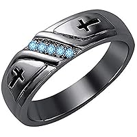 Wedding 5-Stone Men's Cross Ring Round Cut Created Blue Topaz 14K Black Gold Over .925 Sterling Silver