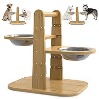 Adjustable Raised Dog Bowls with Non-Skid Feet,Bamboo Elevated Feeder Stand with 2 Stainless Steel Bowls, 5 Level Pet Dining Table Feeding Station for Large Medium and Small Pets(Yellow)