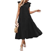 ZESICA Women's 2024 Summer Ruffle Cap Sleeve Crewneck Casual Loose Flowy Pleated Tiered Midi Dresses with Pockets