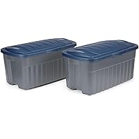 Rubbermaid Roughneck️ 40 Gallon Storage Totes, Pack of 2, Durable Stackable Storage Containers with Hinged Lids, Nestable Plastic Storage Bins for Tools, Toy Storage, Grey and Dark Indigo Metallic