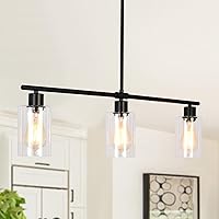 3 Lights Pendant Lighting for Kitchen Island, Linear Pendant Light Overtable, Modern Chandelier with Glass Shades, Light Fixtures Ceiling Hanging for Dining Room, Living Room, Black