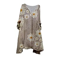 Women's Linen Tunic Dresses V-Neck 3/4 Sleeve Baggy Midi Dress Vintage Floral Print T Shirt Dress Beach Hi-Low Tops
