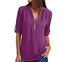 Womens Zip V Neck Chiffon Blouse Cuffed Pleated Shirts Half Zip up Casual Tunic Shirts Half Zip up Casual Solid Loose Top