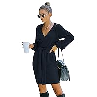 Women's Long-Sleeve Pullover high-Waist Dress Autumn and Winter New Long-Sleeve Hip wrap V Collar lace Solid Color Dress (Navy,L)