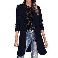 Women's Casual Long Tunic Blazers Ruched 3/4 Sleeve Lapel Oversized Suit Jacket Work Office Button Up Blazer Jackets