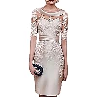 Sheath/Column Mother of The Bride Dress Plus Size Elegant Scoop Neck Knee Length Satin Short Sleeve with Appliques