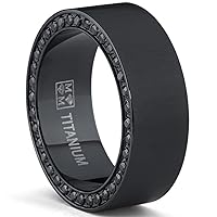 Black Titanium Men's Brushed Wedding Band Ring with Black Cubic Zirconia,Pave Set Eternity Ring
