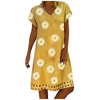 Women's Summer Vintage Daisy Print T-Shirt Dress V Neck Short Sleeve Midi Dress for Women Casual Beach Party Baggy Dress