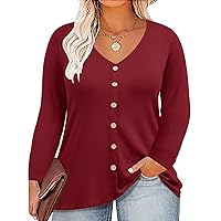 RITERA Womens Plus Size Tops 3X Casual Long Sleeve V Neck Soild Tunic Blouse Button Up Soild Oversize Fall Shirts Red 3Xl 22W 24W