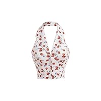 Notched Collar Strawberry Print Backless Halter Top