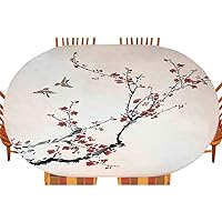 Nature Oval Fitted Tablecloth, Flowers Buds and Birds with Cherry Branches Style Art Painting Effect, for Kitchen Dining, Party, Holiday, Christmas, Buffet, Fits 42