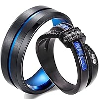 ringheart Two Rings Couple Rings White and Blue Plated Titanium Steel 8mm Mens Wedding Band Blue Cz Womens Wedding Ring