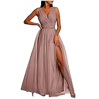 Womens Prom Dresses 2024 Sleeveless Elegant Evening Dress V Neck Mesh Maxi Party Gowns Formal Dresses with Slit