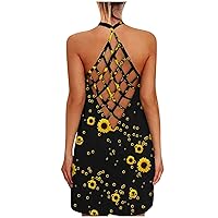 XJYIOEWT Silk Maxi Dress,Tank Vest Blouse Dress Sexy Sunflower Sleeveless Print O-Neck Womens Women's Dress Silk Satin D