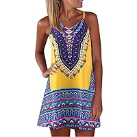 Women's Summer Print Bohemian Color Block V-Neck Sleeveless A-Line Maxi Above Knee Mini Sundress