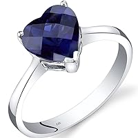 PEORA 14K White Gold 2.25 Carats Created Blue Sapphire Heart Solitaire Ring for Women, Heart Shape 8mm AAA Grade