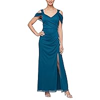 Alex Evenings Women's Long Cold Shoulder Mother of The Bride Dress with Beaded Detail at Hip, (Petite and Regular Sizes)