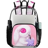 Cute White Bunny Milk Tea Clear Backpack Heavy Duty Transparent Bookbag for Women Men See Through PVC Backpack for Security, Work, Sports, Stadium