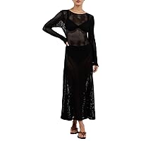Women Sexy See Through Sequin Glitter Dress Y2K Fashion Long Sleeve High Split Mesh Sheer Dress