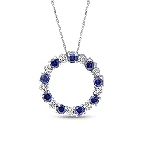 Sterling Silver Diamond and Created Blue Sapphire Circle Necklace Pendant (1/3 CTTW)
