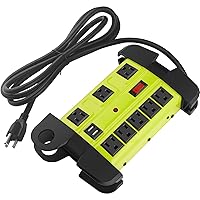 Heavy Duty Power Strip with USB, Workshop 8 Outlet Surge Protector 2700 Joules, Green Industrial Metal 15Amp Power Strip, 15 FT Extension Cord and Wide Spaced.
