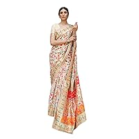 Off White Bollywood Indian Women Pure Kashmiri Silk Weaving Saree Blouse Wedding Sari Hit Trending Design 2249