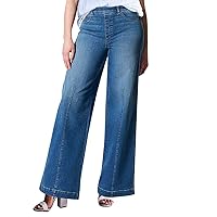 Gumipy Women Seamed Front Wide Leg Jeans Elastic Waist Stretch Denim Flare Jeans High Waisted Baggy Jean Bell Bottom Jeans