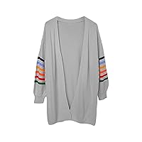 Women's Loose Open Front Long Sleeve Stripe Knit Cardigans Sweater Blouses Oversized Lantern Sleeve Outwear With Pockets