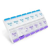 Push Button (7-Day) Pill Case, Medicine Planner, Vitamin Organizer, 2 Times a Day AM/PM, Large Compartments, Arthritis Friendly, Clear Lids, Purple/Blue
