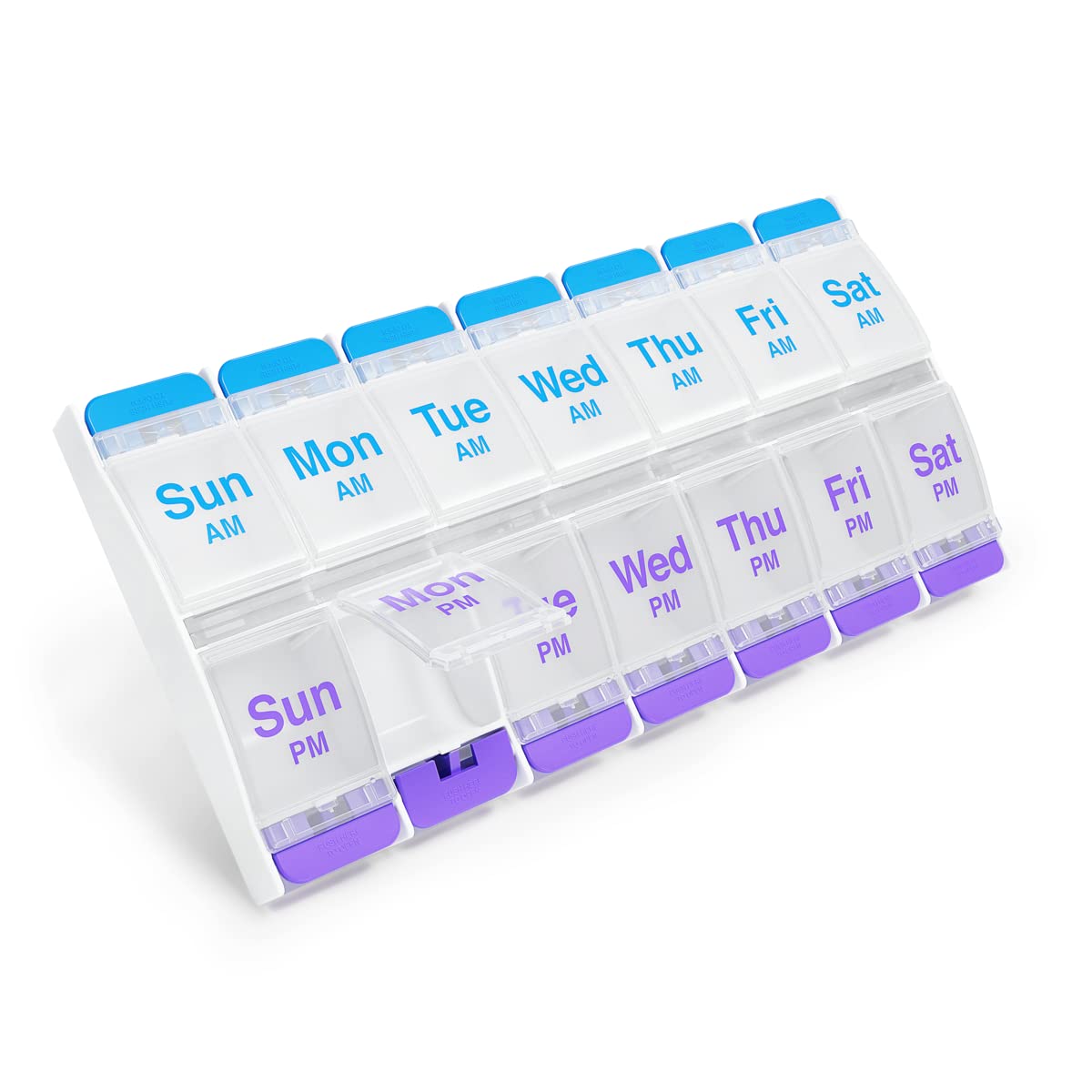 EZY DOSE Push Button (7-Day) Pill Case, Medicine Planner, Vitamin Organizer, 2 Times a Day AM/PM, Large Compartments, Arthritis Friendly, Clear Lids, Purple/Blue