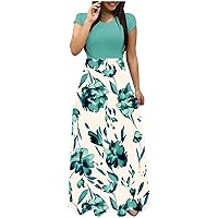 Women's Summer Maxi Dress 2024 Casual Boho Floral Printed Crew Neck Short Sleeve Beach Long Dresses Loose Flowy Sundress