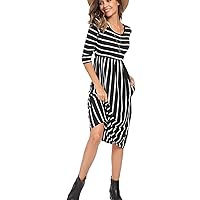 Halife Women's 3 4 Sleeve Stripe Elastic Waist Casual Dress with Pocket