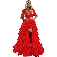 Tiered Tulle Prom Dresses for Women Ruffles V-Neck Ball Gown Formal Evening Gowns Dresses with Slit