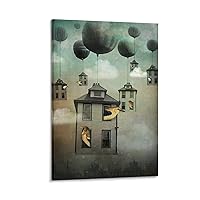 Creative Illustration Poster Flying House Bird's Nest Canvas Wall Art Posters Aesthetic And Room DecorCanvas Painting Wall Art Poster for Bedroom Living Room Decor 08x12inch(20x30cm) Frame-style