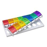 Weekly (7-Day) Pill Case, Medicine Planner, Vitamin Organizer, 2 Times a Day AM/PM, Removeabale Trays, Large Push Button Compartments, Easy to Use, Arthritis Friendly, Rainbow Lids, BPA Free