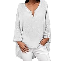 Linen 2024 Shirts for Women Oversized High Low Summer Cotton Tops Asymmetrical Spring Loose Fit Sheer Blouses V Neck