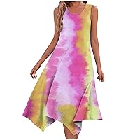 Women Tie Dye Hankerchief Hem A-Line Dress Summer Casual Flowy Midi Sundress Sleeveless Scoop Neck Beach Dresses
