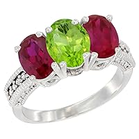 14K White Gold Natural Peridot & Enhanced Ruby Ring 3-Stone Oval 7x5 mm, sizes 5 - 10